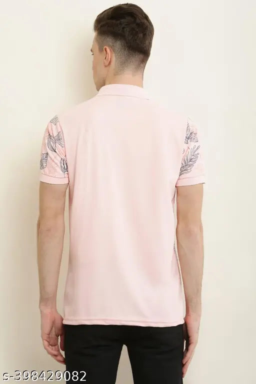 Pink cotton blend men's polo t-shirt with printed pattern, regular fit and short sleeves, available in M, L, XL, XXL. Durable stitching and quality finish for comfort and longevity. Made in India