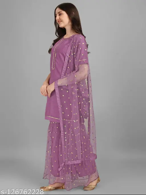 Purple dupatta set with matching kurta and sharara