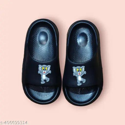 Black Pu sole kids flip flops with cartoon character patterns - vibrant and comfy for daily wear (N:1)