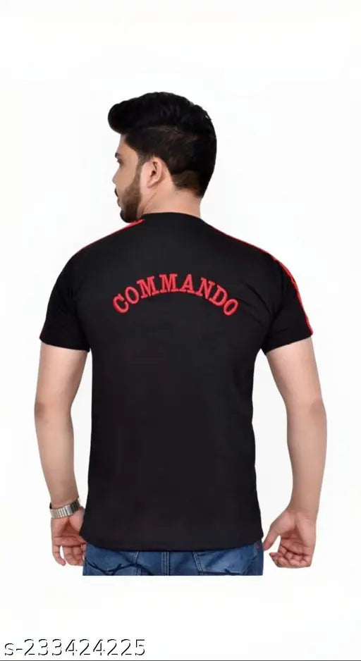 Black Commando Army print cotton blend t-shirt for men, short sleeves, size M (Chest 38in x Len 28in), India origin