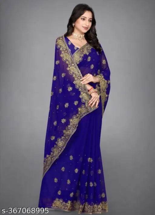 Embroidered sari with gold accents, blue and gold borders, detailed zari work
