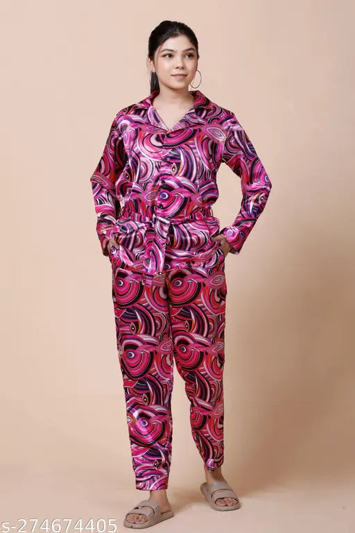 Glen Rose women's cotton printed nightsuit, stylish satin pyjamas with long sleeves and varied sizes (S-XXL), on model