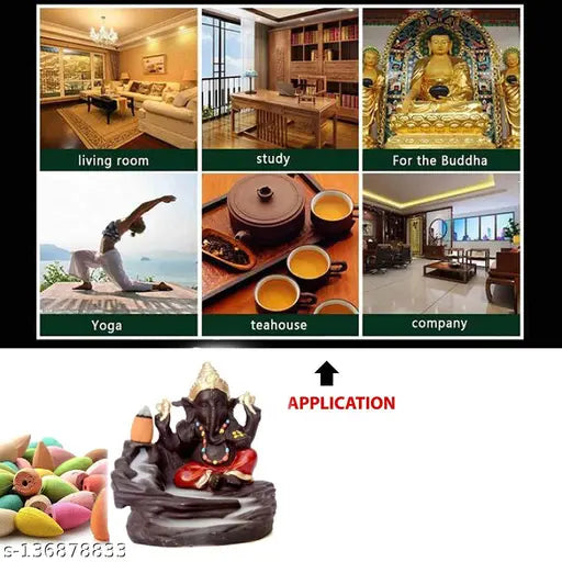 Black and gold Ashi Enterprises smoke Ganesha backflow incense burner, for the buddha, with 20 free cones, meditation room centerpiece