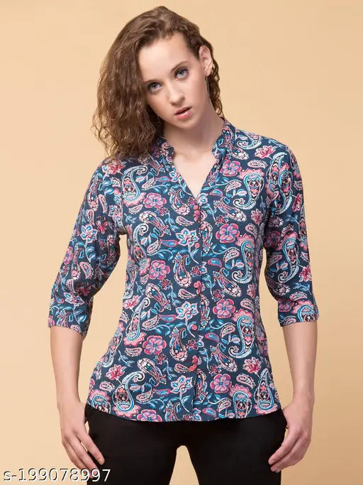 Multicolor rayon short tunic with 3/4 sleeves and Mandarin collar, perfect for casual weekends
