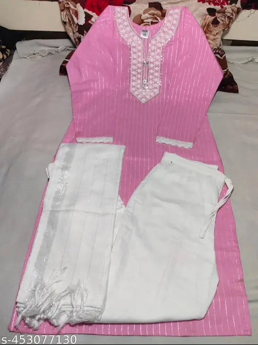 Pink and white embroidered kurti set, includes kurta and churidar