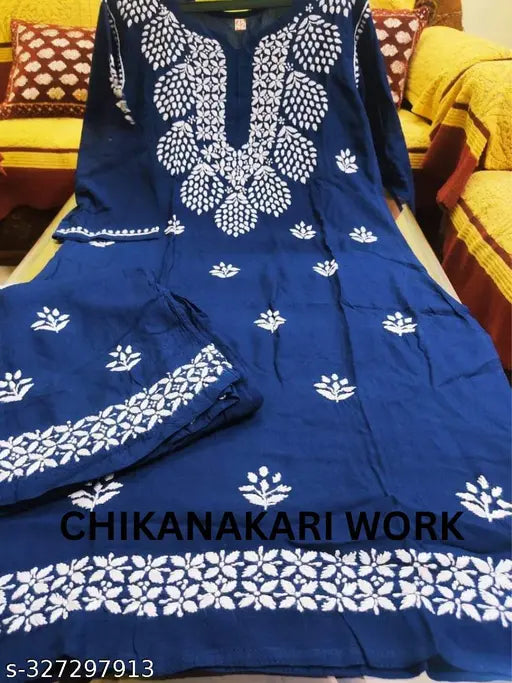 Embroidered rayon kurti and palazzo set with three-quarter sleeves, India-made women's fashion