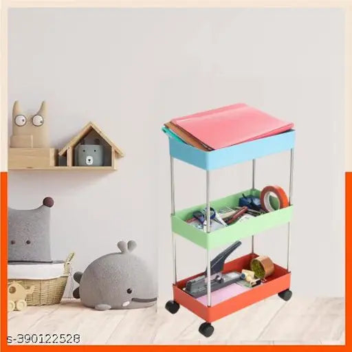 Plastic vegetable kitchen trolley with three shelves and red wheels