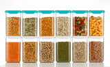 A set of colorful plastic airtight storage containers, pack of 12, for organizing groceries
