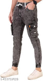 Trending six pocket cargo jeans, black wash with orange stitching and metal studs on knees