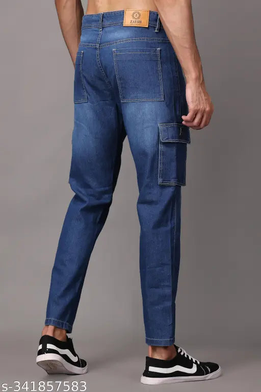 Light blue dyed/washed denim men's jeans by Zaysh, size 28-36, branded cargo style with 6 pockets