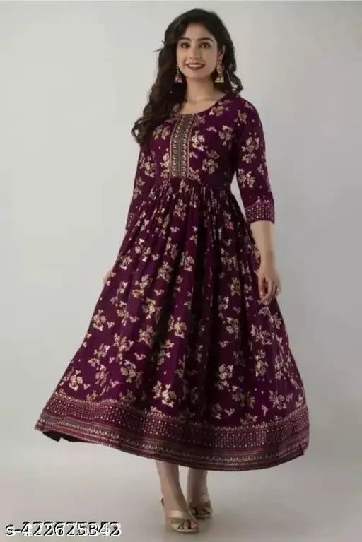 Wine rayon Anarkali Swati-printed three-quarter sleeve dress, Indian traditional outfit on mannequin