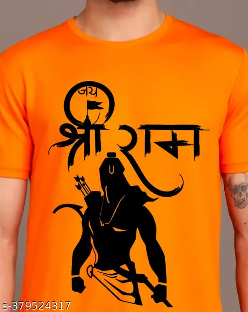 Orange polycotton men's regular fit polo t-shirt with half sleeves, Jai Sri Ram printed design, Ram Mandir Udghatan 2024 in Ayodhya