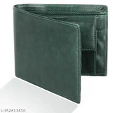 Faux leather green bi-fold wallet for men, solid pattern, 2 compartments, 3 card slots, India origin