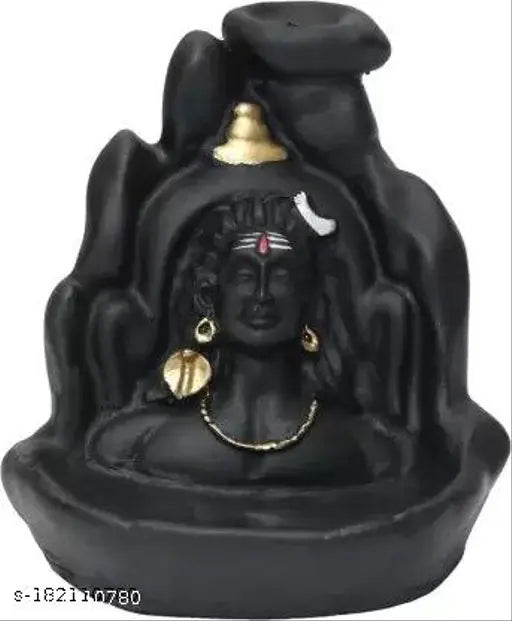 Smoky Poly Resin Adiyogi Shiv Ji Idol, Indian backflow smoke fountain figurine on display