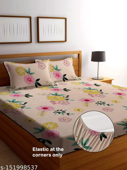 Glace cotton elastic fitted double bedsheet with 2 pillow covers (72x78 inches, 18x28 inches), featuring a floral pattern and an 8-inch deep skirt