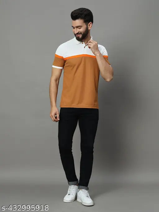 Mens cotton blend striped half sleeve polo neck t-shirt, denim jeans context
