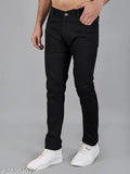Black stretchable polycotton men's jeans, mid-rise and comfortable fit for casual, party, or office wear. Breathable fabric, anti-corrosive buttons, and zip fly closure for best quality and easy wear. Slim fit, wash dark colors separately, made in India (Sizes: 28, 30, 32)
