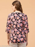 Black rayon floral printed women's top, three-quarter sleeves, size S (25in), country of origin: India