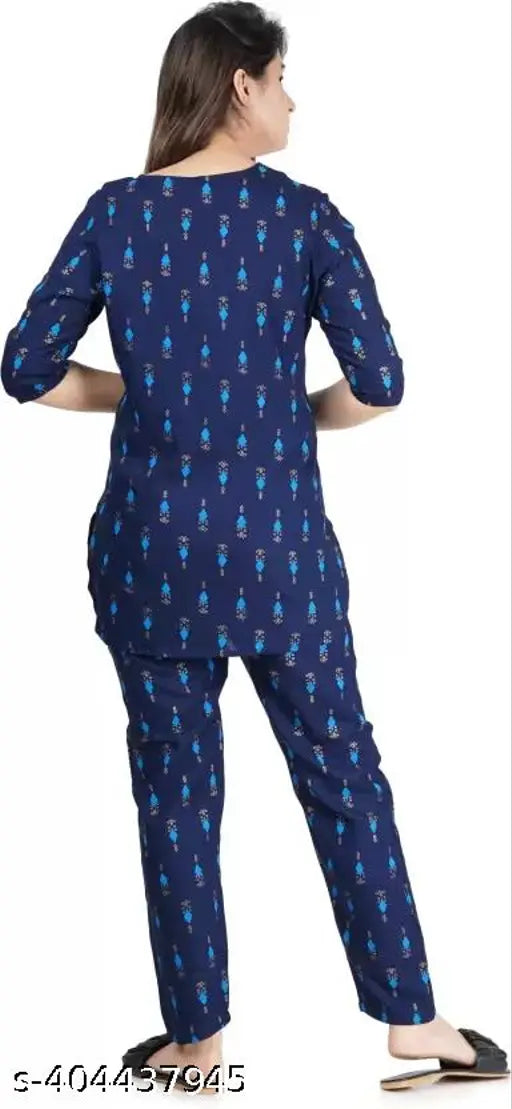 Navy Blue Viscose Rayon Floral Print Night Suit Set - Comfortable, stylish, and breathable nightwear for lounging and sleeping. Perfect addition to your sleepwear wardrobe