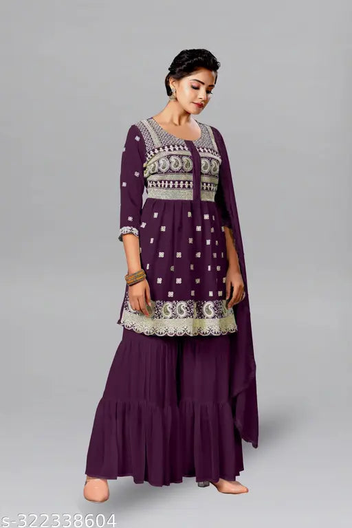 Embroidered kurta and sharara set in rich purple with white embroidery, perfect for festivals