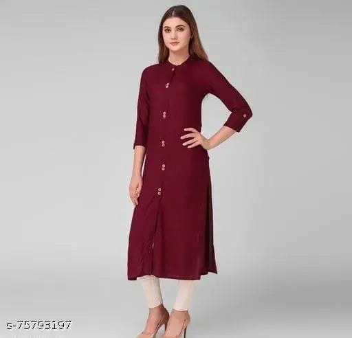 Rayon solid dyed straight kurta for women, three-quarter sleeves, single color combination. Indian ethnic wear on mannequin