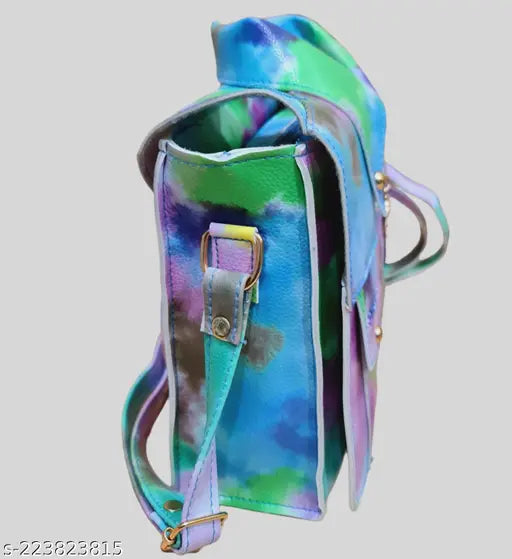 Multi-colored faux leather sling bag with strap
