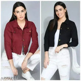 Maroon/black denim blend, three-quarter sleeve solid pattern denim jacket, set of two sizes S-XL, India origin on clothes rack