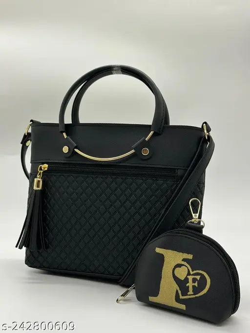 Black leather sling bag with a long strap and gold zippers