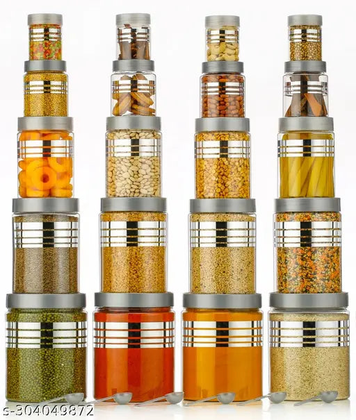 Set of six premium kitchen containers with spoons in various sizes including 250ml, 350ml, 650ml, 1200ml, and 2000ml. Silver finish