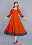 Orange rayon round pleated flared kurti with three-quarter sleeves, hand wash or machine washable