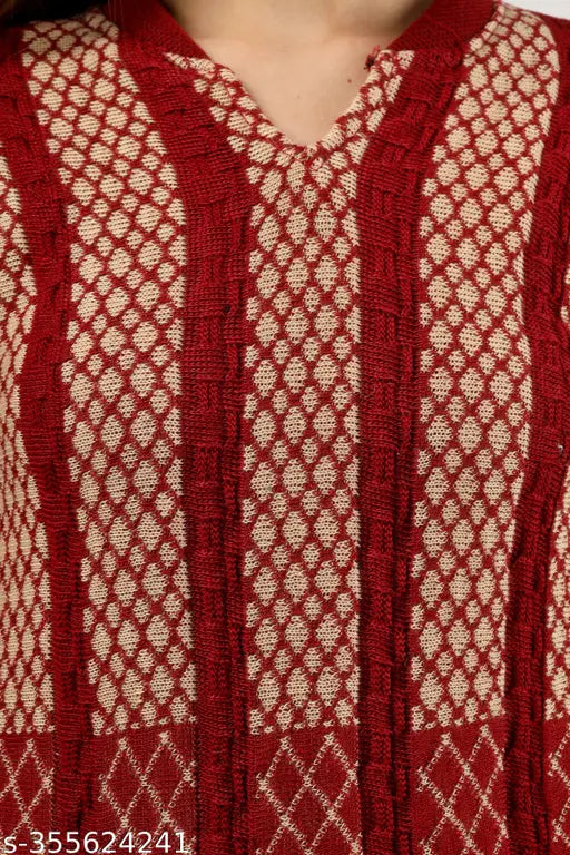 Red and white embroidery pattern on woolen aline kurta