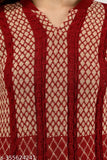 Red and white embroidery pattern on woolen aline kurta