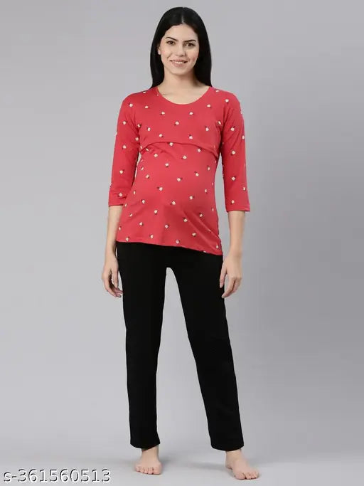 Printed hosiery night suit for women, three-quarter sleeves, suitable for L (40in bust, 27in top length, 42in waist, 29in bottom length), XL (42in bust, 28in top length, 44in waist, 30in bottom length), XXL (44in bust, 28in top length, 46in waist, 30in bottom length). Made in India