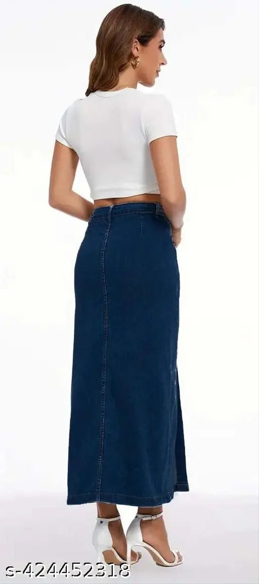 Navy blue denim skirt with side button closure