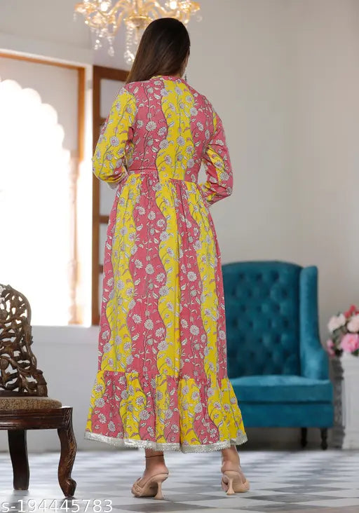 Rayon yellow kurti gown, printed combo, three-quarter sleeves. Stylish Indian women's party wear