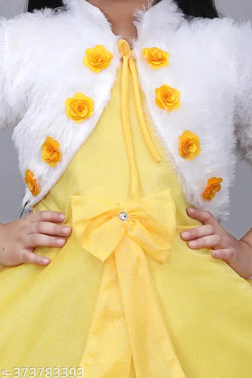 A below knee festive wedding dress with a yellow flowered detail