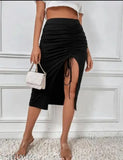 Black bodycon skirt with high waist and exposed ties at back