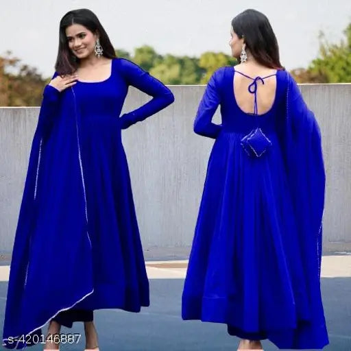 Comfy Georgette long-sleeve solid gown for women, available in sizes S-XXL. Made in India
