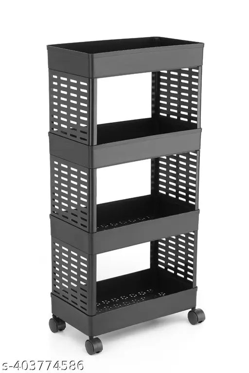 Black plastic kitchen trolley with four shelves, used for storing food and other kitchen items