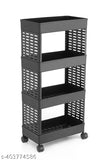 Black plastic kitchen trolley with four shelves, used for storing food and other kitchen items