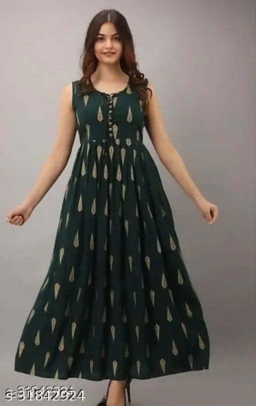 Bottle green rayon printed refined kurti, sleeveless Indian fashion