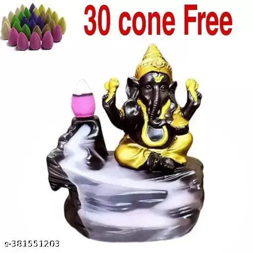 Handcrafted polyresin Ganesha showpiece with 30 backflow incense cones, perfect for home decor and office. Indian artisan crafted, creates smokey waterfall effect