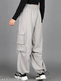 Gray cargo pants with pockets, wide leg, casual style
