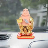 Red gold solar-powered laughing Buddha with waving fan, bringing prosperity and health (10cm)