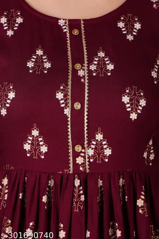 Maroon embroidered rayon kurta with floral print, long sleeves and button front