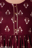 Maroon embroidered rayon kurta with floral print, long sleeves and button front