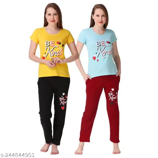 Printed polycotton Klaxxy top & pajama set, pack of 2 - Indian-made fashionable sleepwear