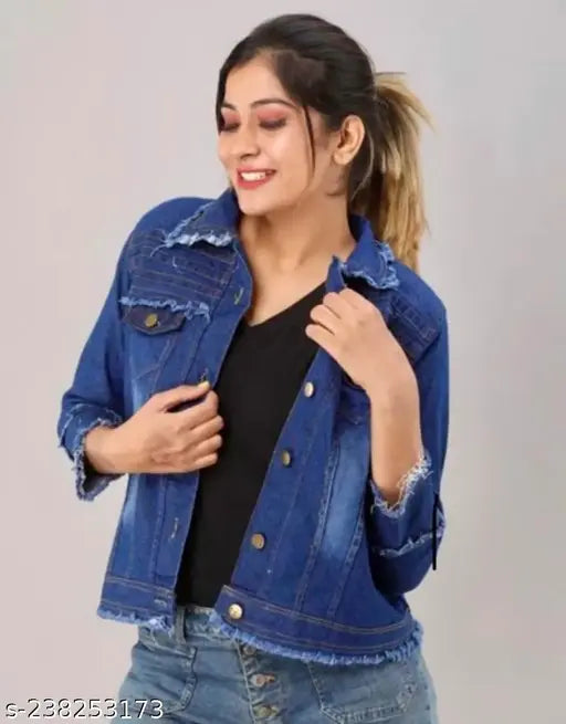 Denim blue women's jacket with three-quarter sleeves, solid pattern, size XL from India