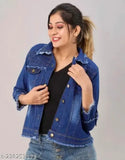Denim blue women's jacket with three-quarter sleeves, solid pattern, size XL from India