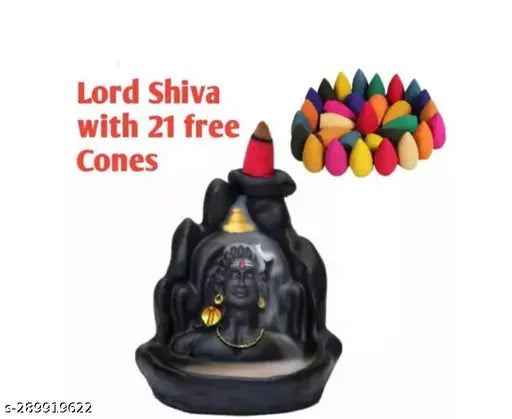 Black and gold PMR Adi Shankara Adiyogi Backflow Smoke Fountain idol with 21 cones, Indian handcrafted Mahadev decorative showpiece